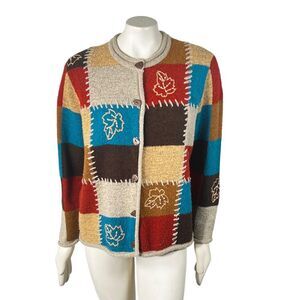 Breckenridge Patchwork Fall Leaves Button‎ Cardigan Sweater Beaded Wool Blend L
